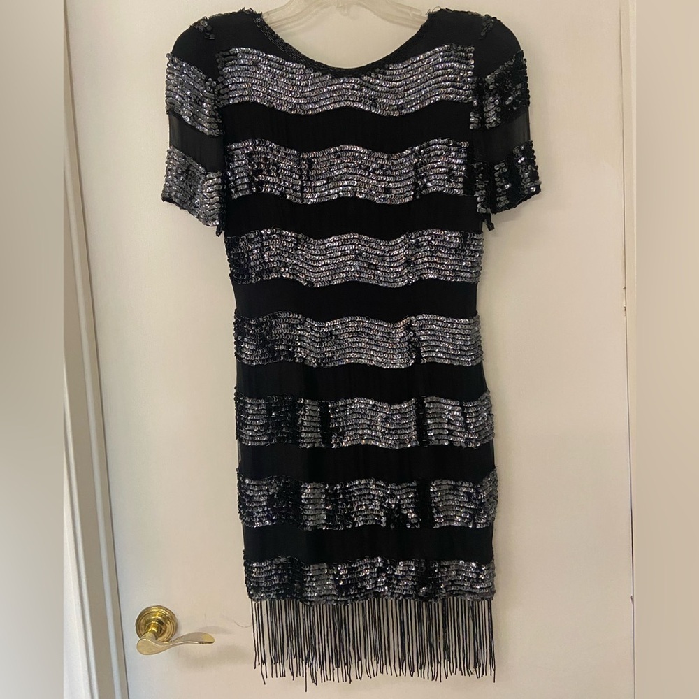 VTG 80’s 100% Silk Sequin Party Cocktail Dress Fringe Hem Black Niteline Sz 8